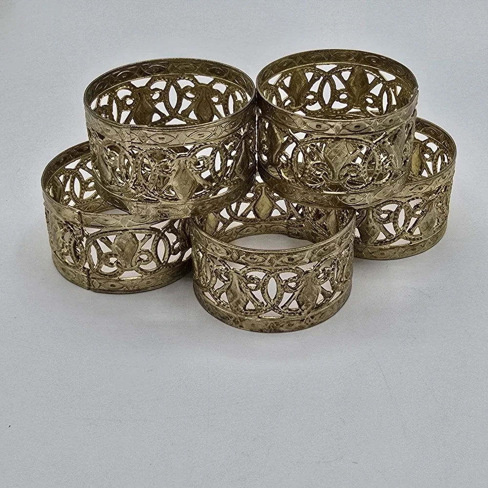 Vintage Gold Toned Filigree‎ Napkin Rings Set of 5